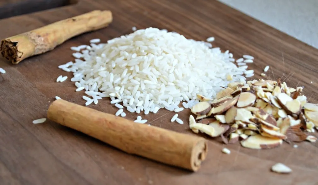 Horchata ingredients - rice, almonds, and cinnamon sticks
