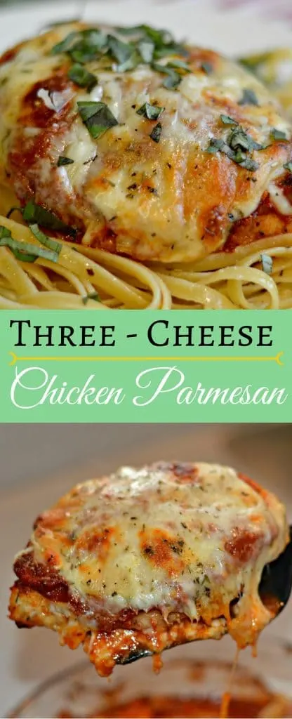 This three cheese Chicken Parmesan recipe is so delicious! It combines three different types of cheese with perfectly tender chicken and pasta sauce and is full of flavor.