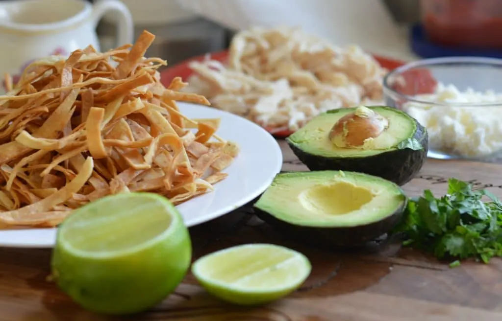 Fried tortilla strips and other garnishes