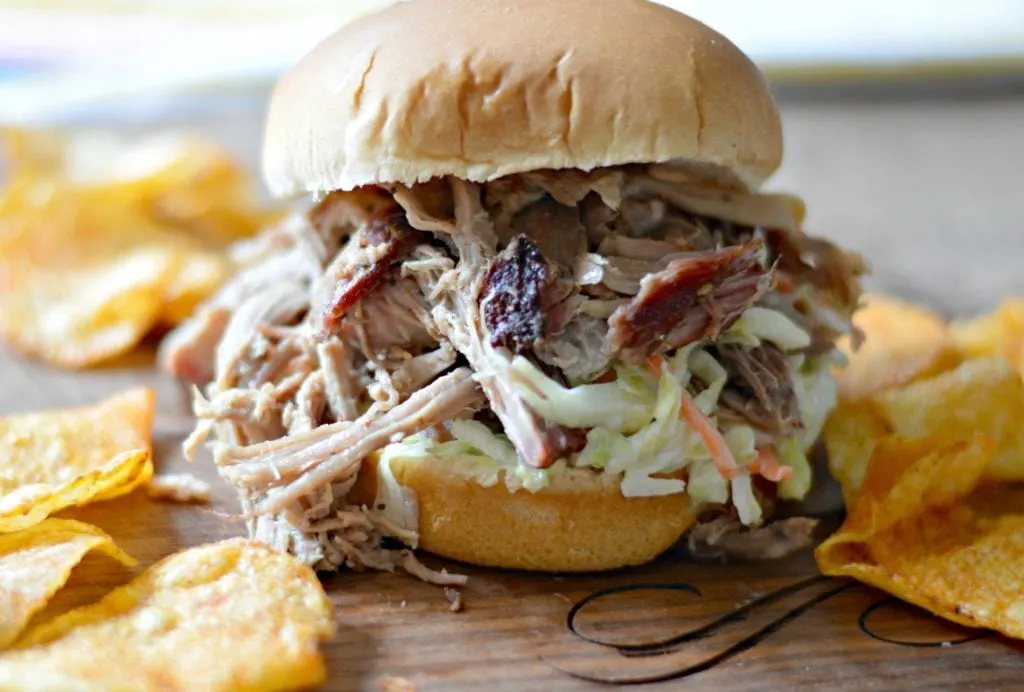 Smoked Pulled Pork Sandwich with Cole Slaw and Chips