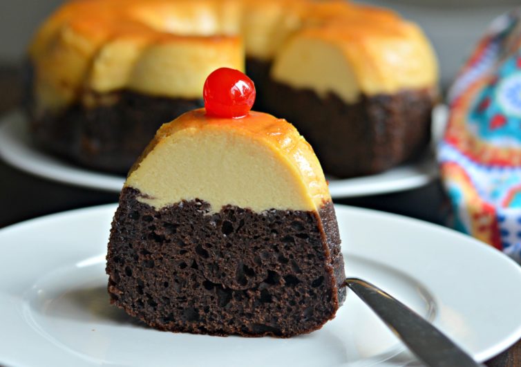 chocoflan piece sliced from the side