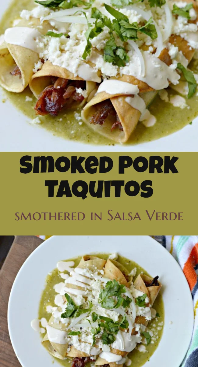 Make these delicious smoked pork taquitos for lunch or any other meal. They are delicious, easy to make and are finished off with an amazing homemade salsa verde. 