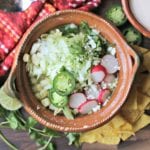 Pozole verde from above with garnishes