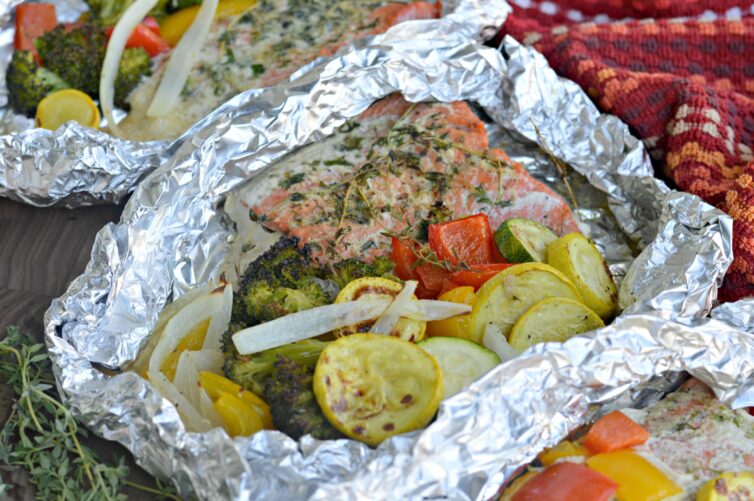 Grilled Salmon in foil with veggies and herbs