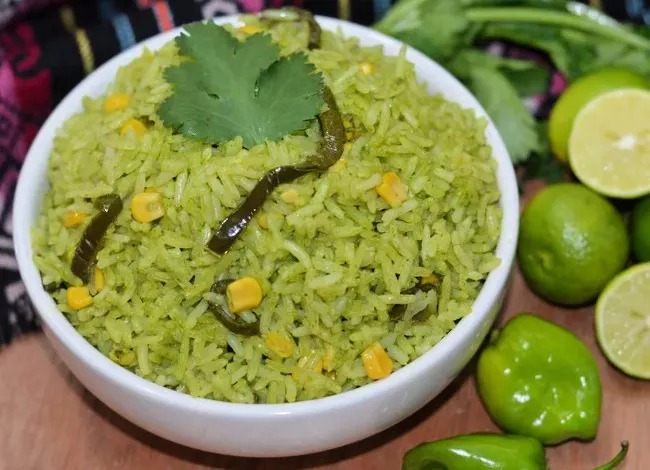 mexican green rice recipe with poblano peppers cut into strips
