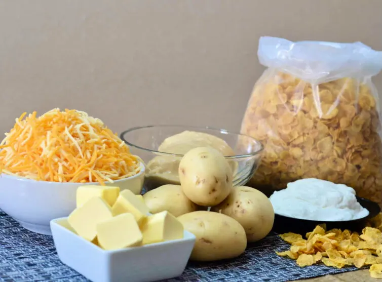 Funeral potatoes ingredients in a picture together
