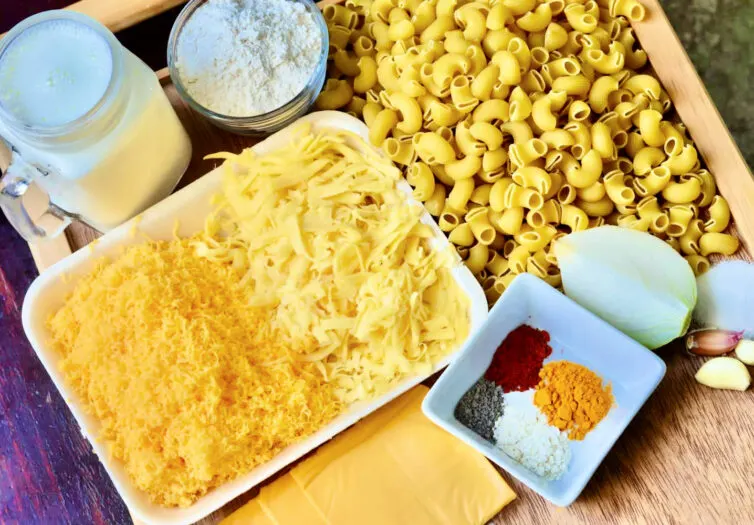 macaroni and cheese ingredients in preparation of making it.