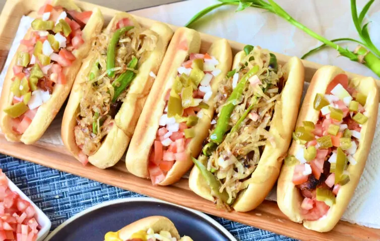 Mexican hot dogs in a row ready to eat