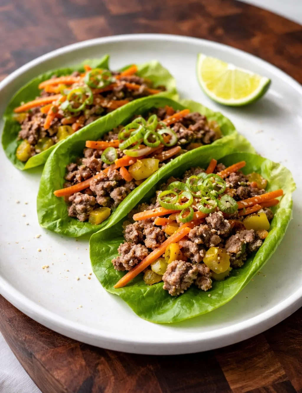 wraps de lechuga con carne molida en un plato con un pedazo de limon